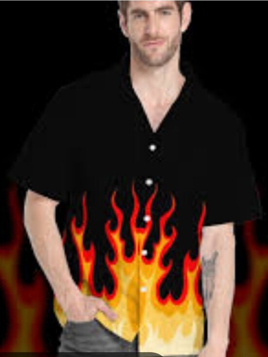 Snakeyes Other - Men's Black Button-Down Shirt with Red & Yellow Flame Print Halloween Costume